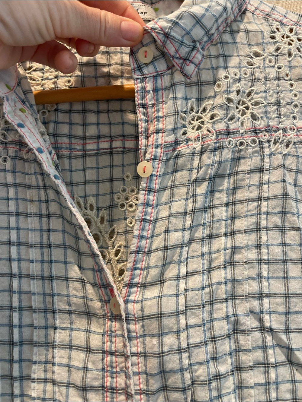 3 J Workshop Johnny Was Light Blue Plaid Eyelet-Accent Button Down Shirt - Picture 5 of 10